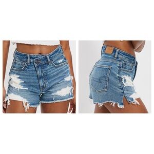 American Eagle Mom Shorts Strigid Medium Wash Denim Distressed Crossover Waist